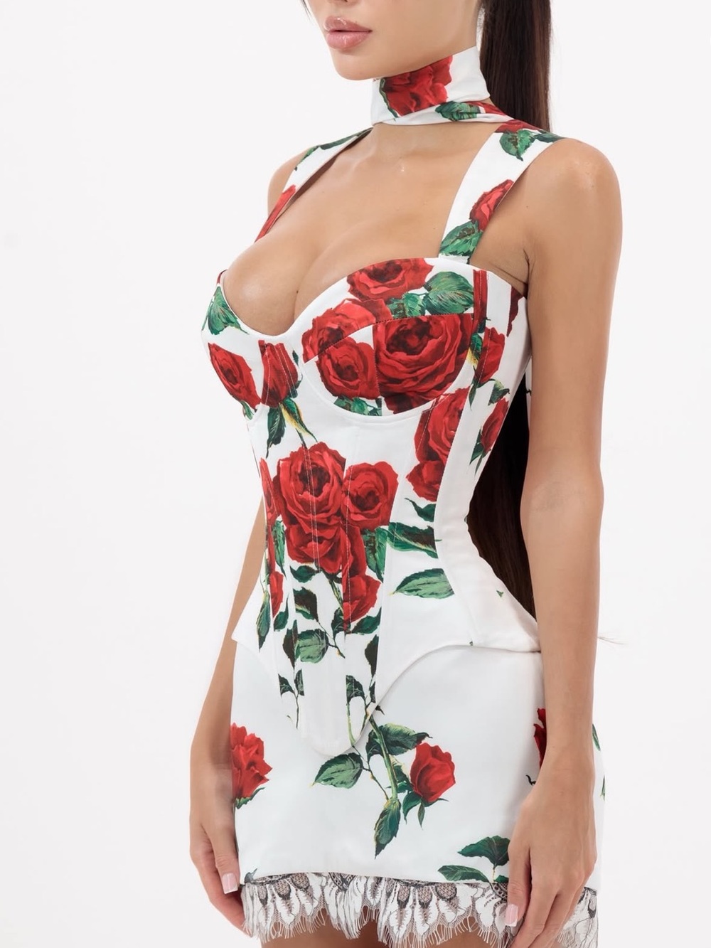 Floral Rose Print Mini corset with Lace Trim - White & Red - Picture 3 of 8